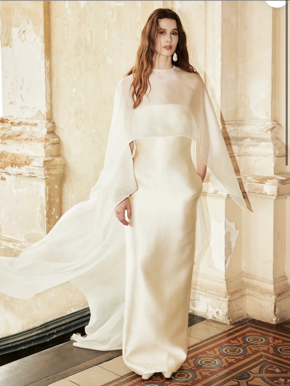 Huong Boutique Charlotte Dress -Elegant Ivory Satin Column Dress with Sheer Cape